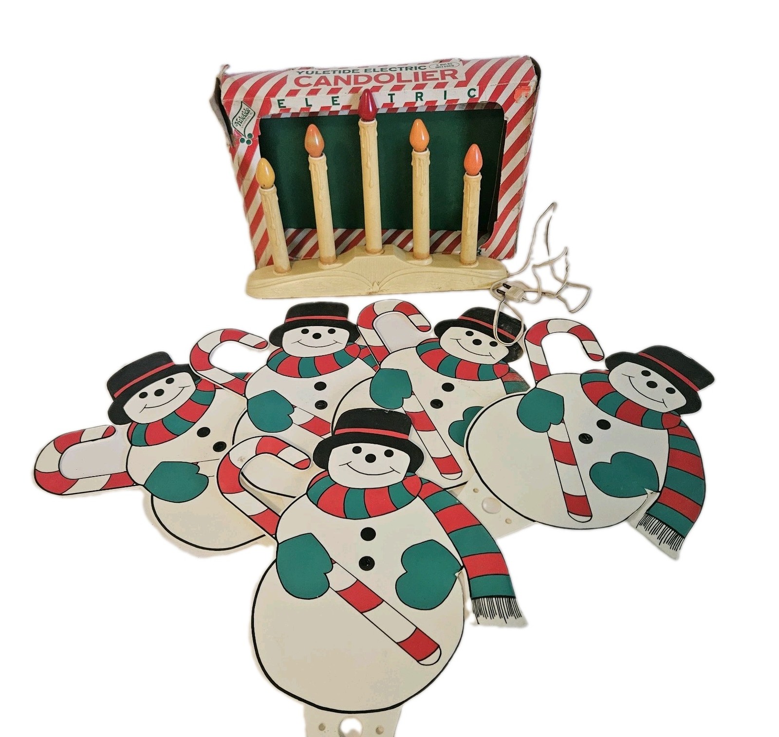 VTG Christmas Belco Electric Light Candolier WORKS 5 Snowman Plastic Yard Stakes VTG Christmas Belco Electric Light Candolier WORKS 5 Snowman Plastic Yard Stakes