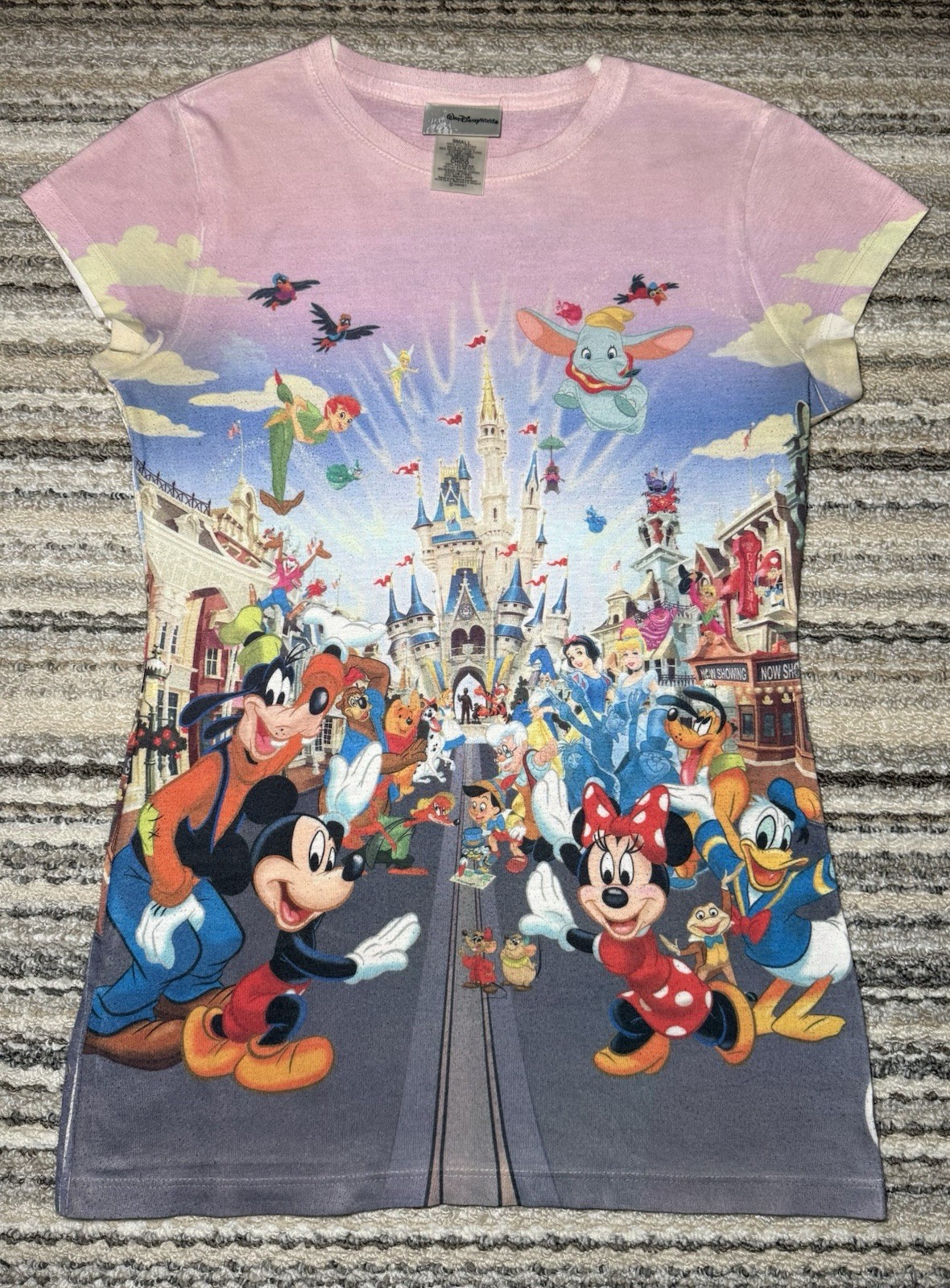 Vtg Y2K Disney Parks World Magic Kingdom All Over Print AOP T-Shirt Womans Small Vtg Y2K Disney Parks World Magic Kingdom All Over Print AOP T-Shirt Womans Small