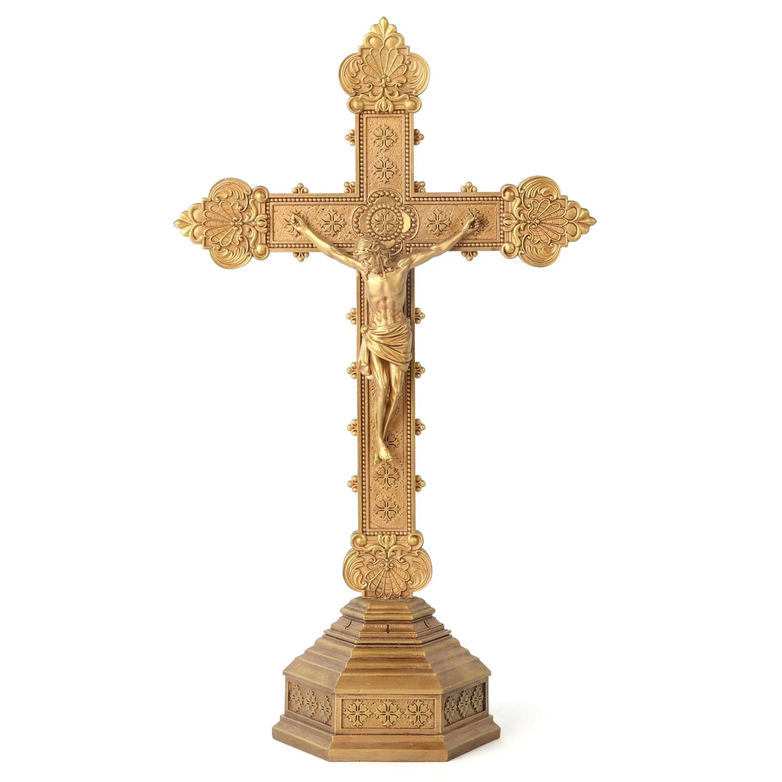 BC Catholic Jesus Crucifix Standing Cross for Home Altar, Gold Crucifix Decor...