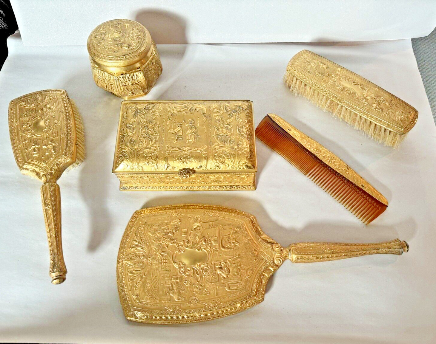 Best Vintage Antique 6 Piece Derby Silver Co Gold Plated Gilt Ornate Dresser Set