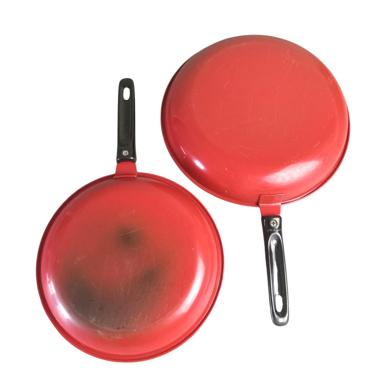 Two Vintage 1950's Red Metal Enamel Ware Enamelware 9" and 10" Skillet Two Vintage 1950's Red Metal Enamel Ware Enamelware 9" and 10" Skillet