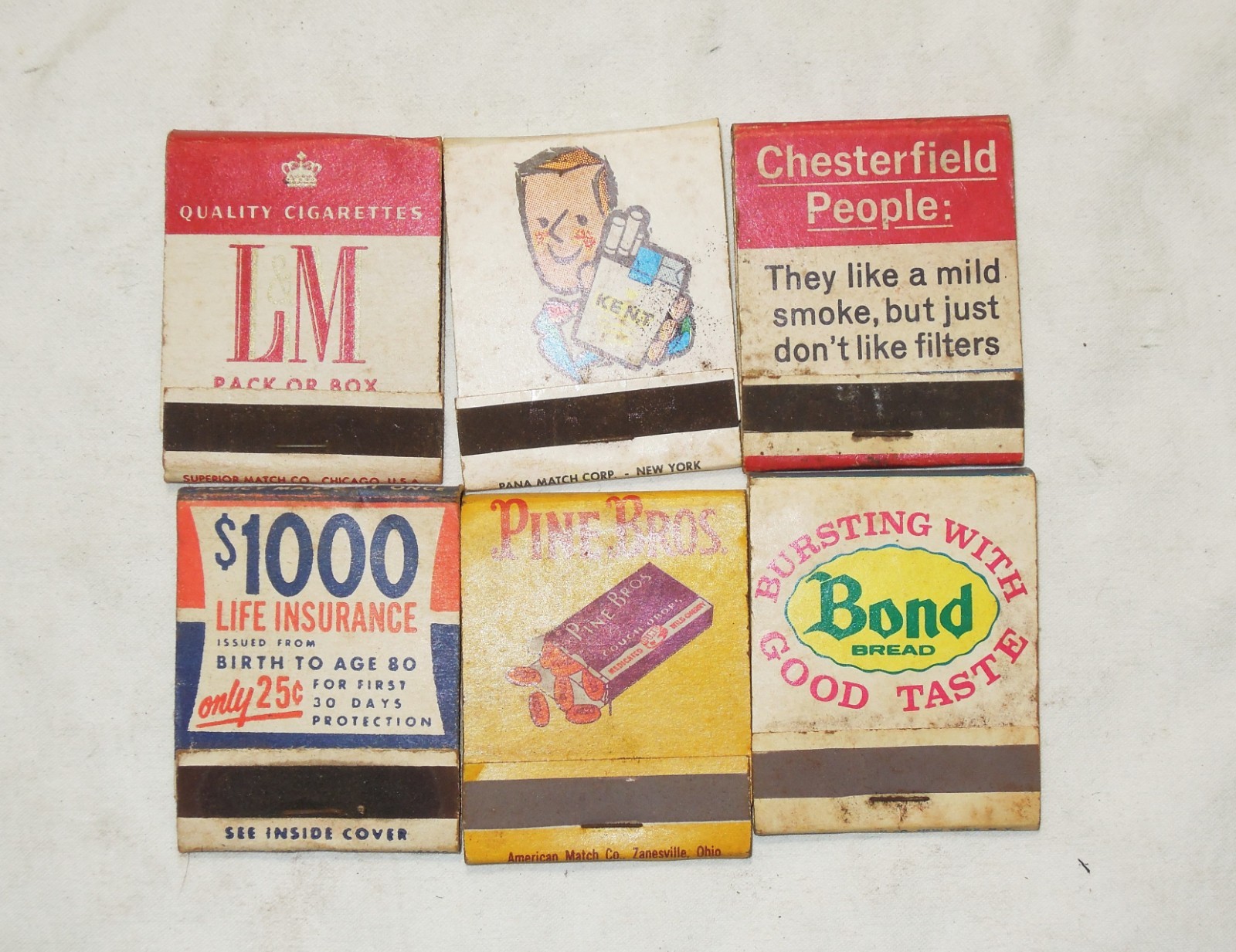 6 Vintage  Matchbooks  Chesterfield,  L&M ,Kent, Bond Bread, Pine Bros, Life Ins
