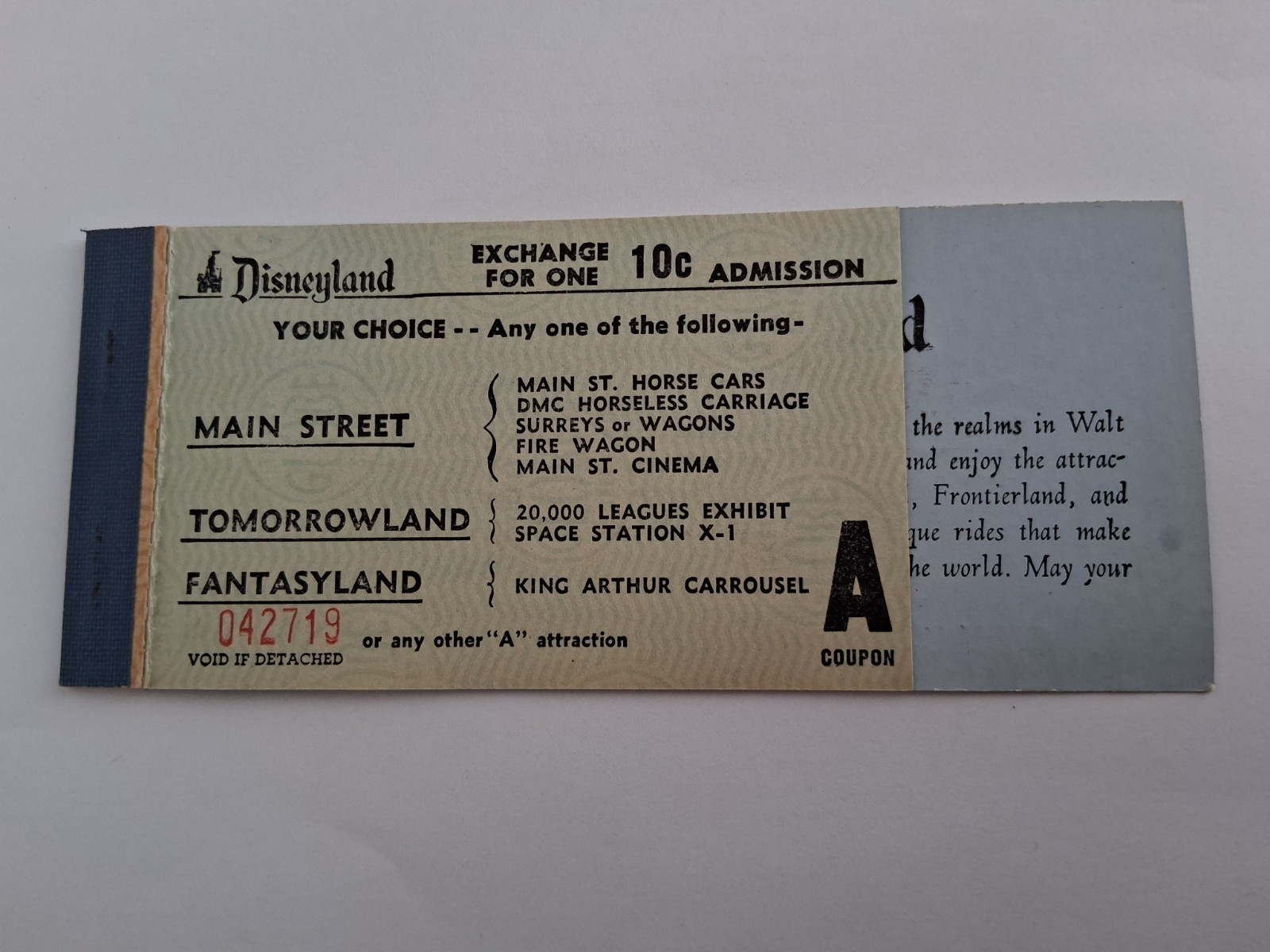 1956 A Day at Disneyland Child Ticket Book A Coupon Disney