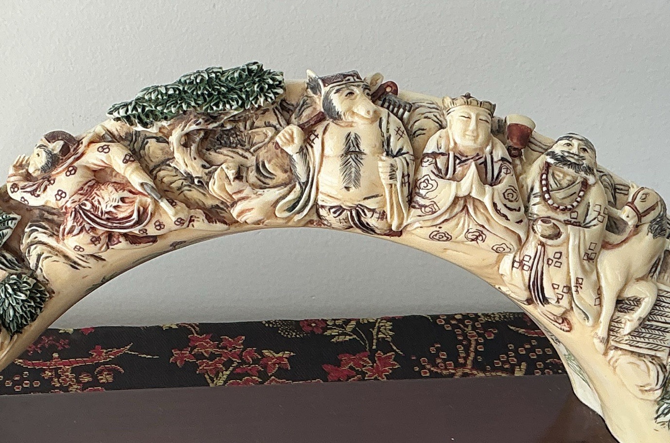 Carved ancient story Monkey King Figurine Ivory-Tone bridge on base n box signed