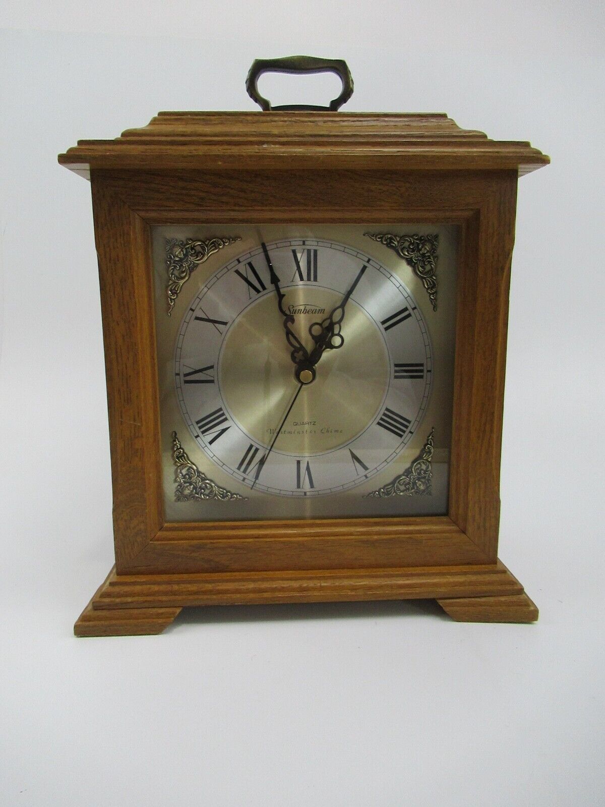 Sunbeam Westminster Mantel Clock Wood Oak Battery Operated Chime Tested/Working