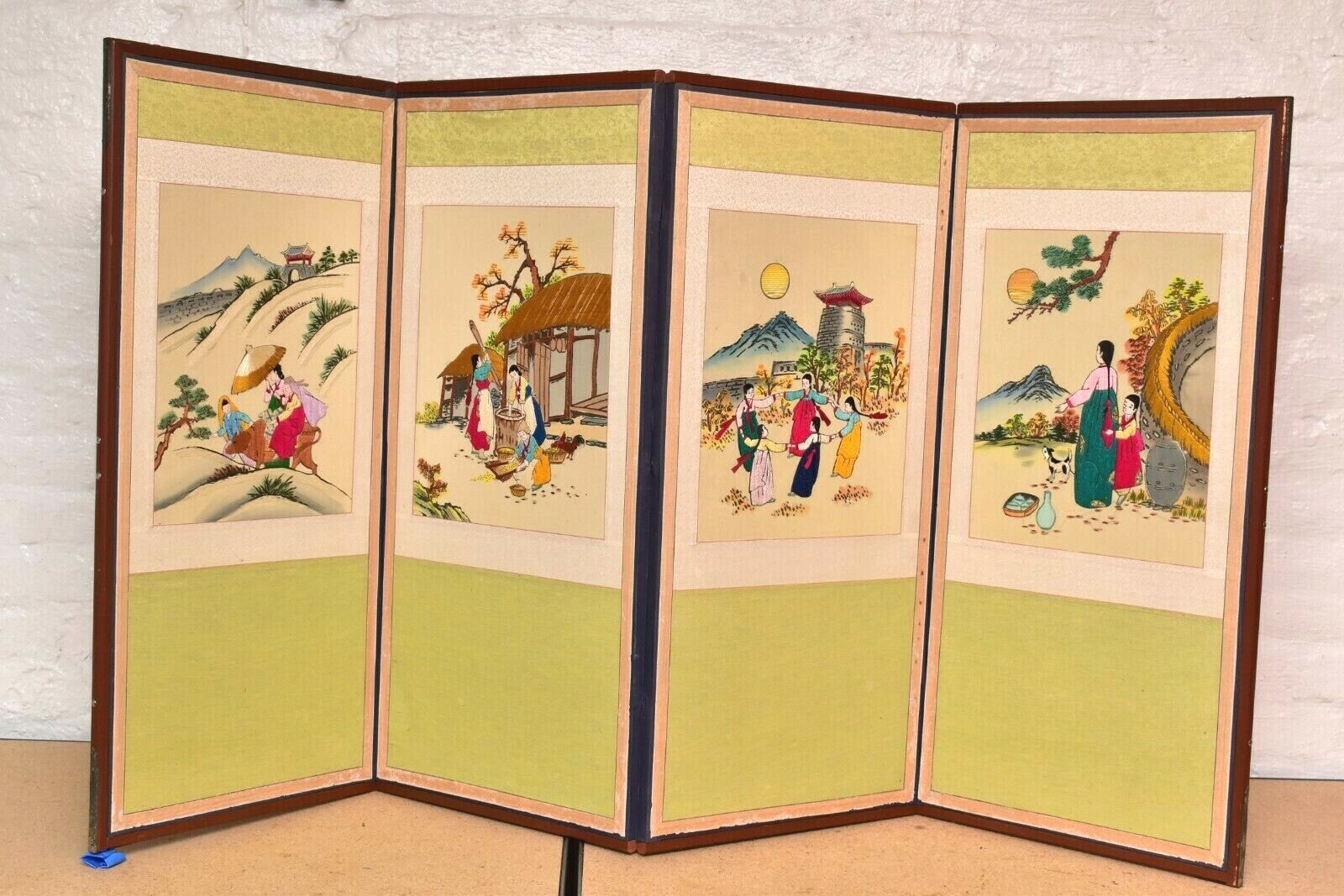 Japanese VTG Chinese 4 Panel Folding Screen Byobu Painted 60x31 Asian Antique