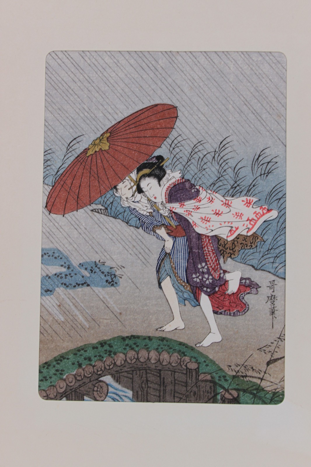 Vintage Japanese Woodblock Print "Hurrying through the Rain" Kitagawa Utamaro