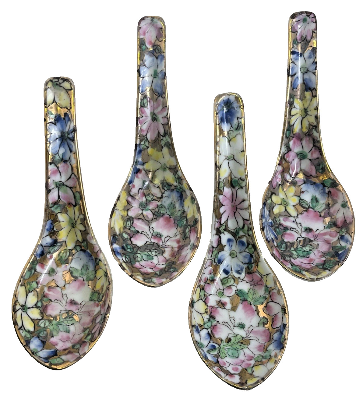 4 Vintage Chinese Porcelain Spoons Hand Painted Gold Gilt Hong Kong Art #4/732 4 Vintage Chinese Porcelain Spoons Hand Painted Gold Gilt Hong Kong Art #4/732