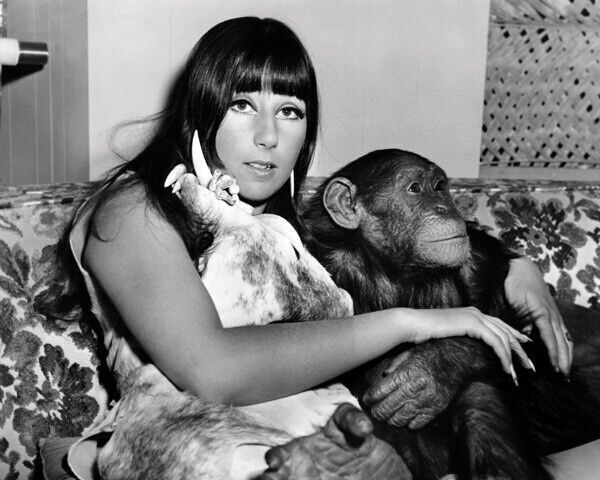 Cher poses with monkey chimpanzee & unicorn 1967 Good Times 8x10 inch photo