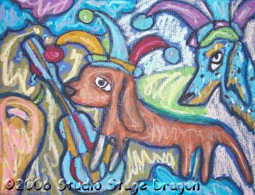 Dachshund Dog 5x7 Art PRINT Signed by Artist KSams Painting Jesters with Guitar