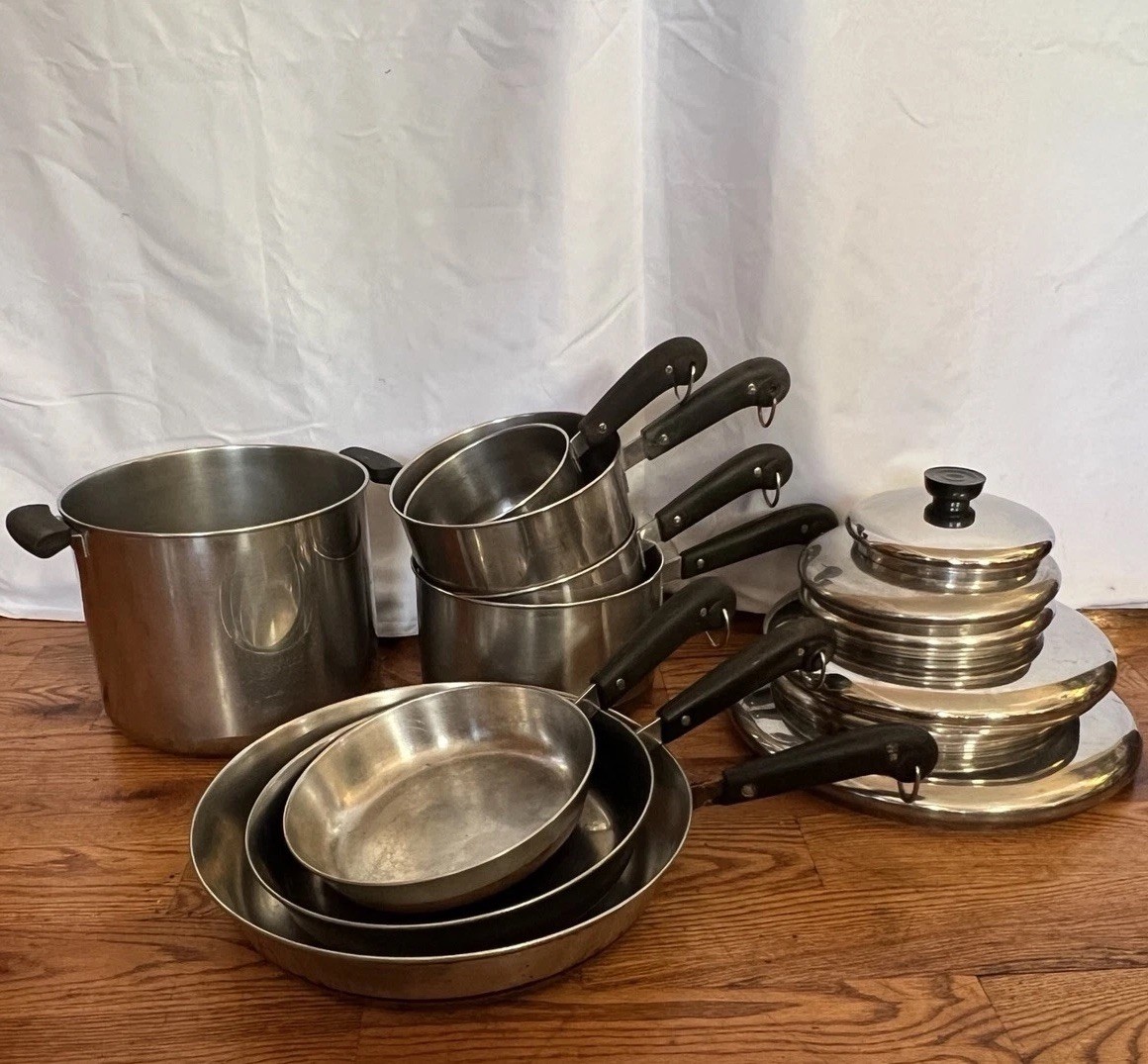 Vintage REVERE WARE 1801 Copper Bottom 14 Pc Cookware Set Double Ring Pre-1968
