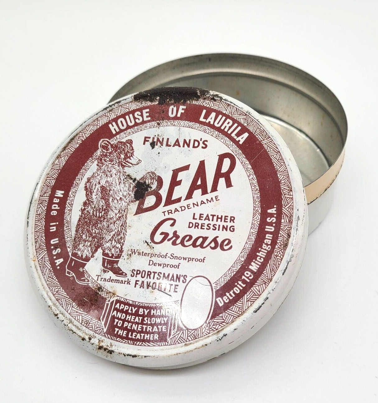 Vintage Finland's Bear House Of Laurila Leather Dressing Grease Tin Can