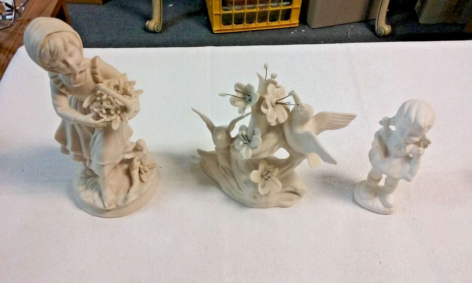 3 vtg 8.5" Flower Girl, 6.5" Hummingbird & 5.5" Big Eye Girl Ceramic Figurines