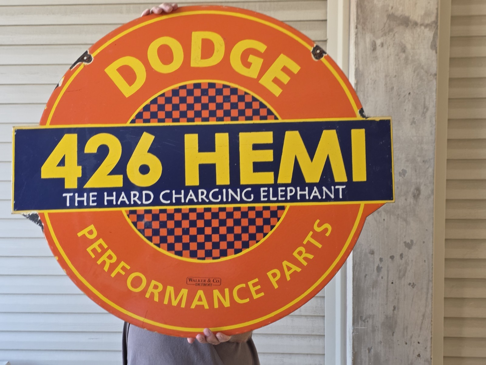 VINTAGE DODGE HEMI 426 PORCELAIN ENAMEL DEALERSHIP DOUBLE-SIDED SIGN 34" X 30" VINTAGE DODGE HEMI 426 PORCELAIN ENAMEL DEALERSHIP DOUBLE-SIDED SIGN 34" X 30"