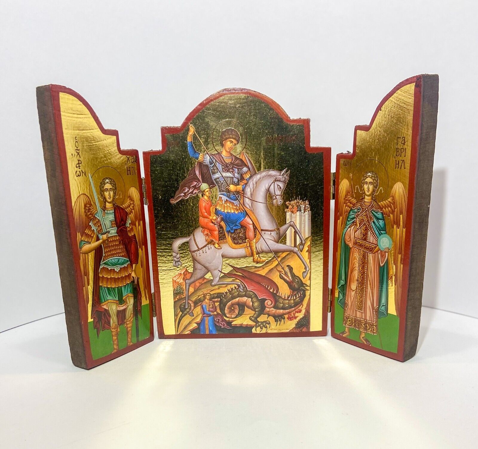 Vintage Tri-Fold Byzantine Icon Art Gold Foil on Wood George and the Dragon