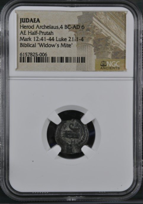 NGC Herod Archelaus 4 BC - 6 AD King of Judaea Bronze Prutah High Grade Biblical NGC Herod Archelaus 4 BC - 6 AD King of Judaea Bronze Prutah High Grade Biblical