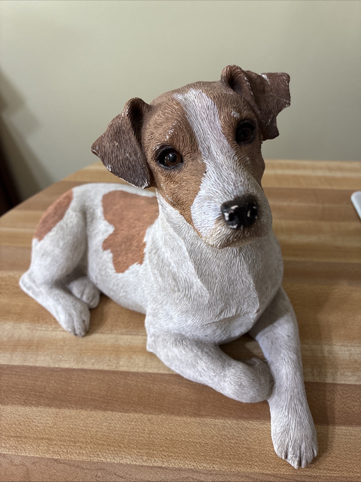 VTG Sandicast Jack Russel Terrier Statue Laying Crossed Paw Glass Eyes 10" FLAW