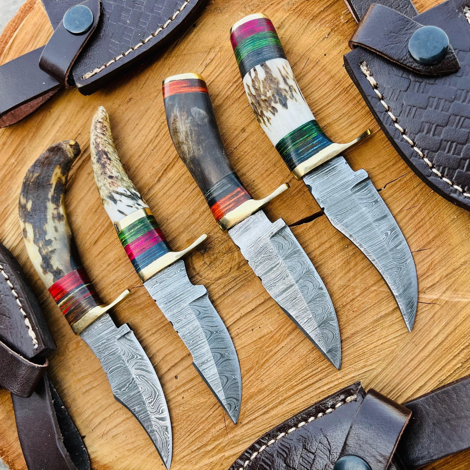 RL-02 Lot of 4 Damascus Steel Hunting/skinner knives Stag and Ram Horn Handle RL-02 Lot of 4 Damascus Steel Hunting/skinner knives Stag and Ram Horn Handle