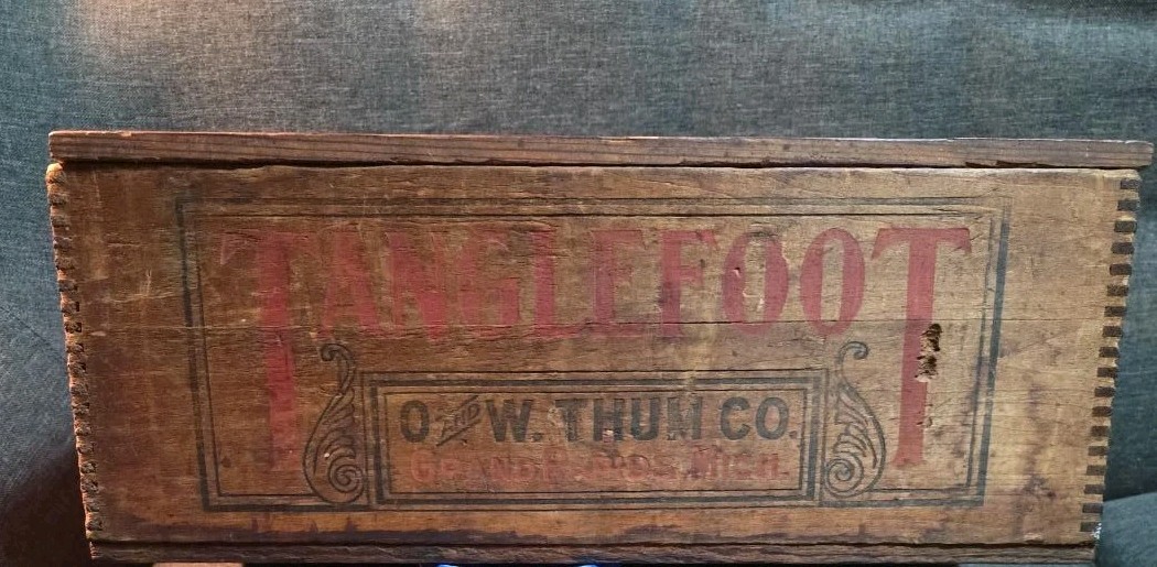 Antique Tanglefoot Fly Paper Wood Advertising Box O & W Thum Grand Rapids 17"