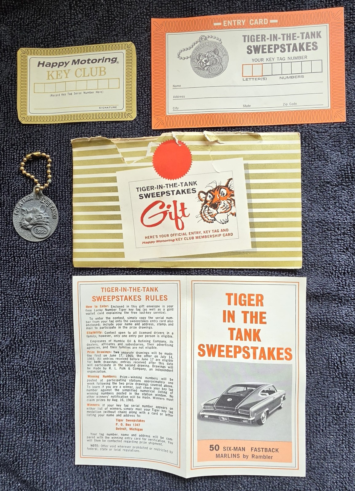 five 1965 Esso gasoline "Tiger In The Tank" sweepstakes gift packages five 1965 Esso gasoline "Tiger In The Tank" sweepstakes gift packages