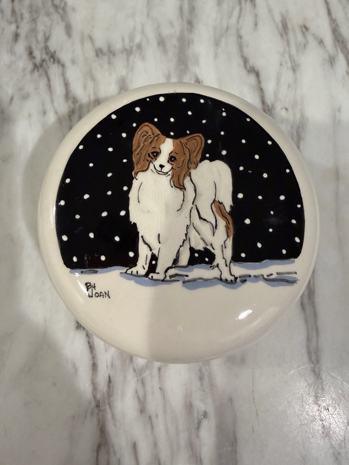 Vintage Hand Painted Papillon Dog Ceramic Trinket Box Signed By Joan 2.5 x 4.5”