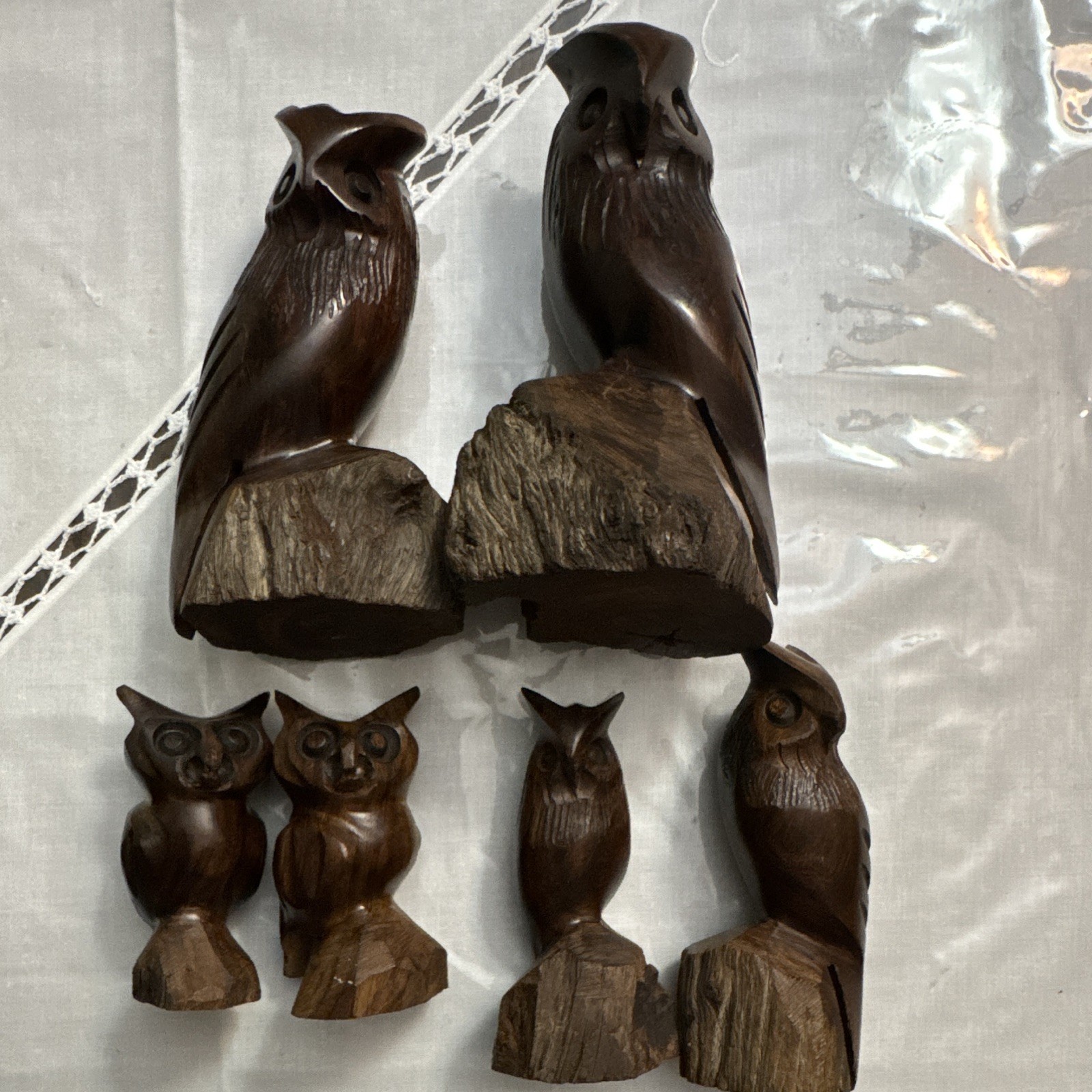 Lot of 6 Vintage Hand Carved Ironwood Owl Figurines MCM Wooden Owl Family Statue