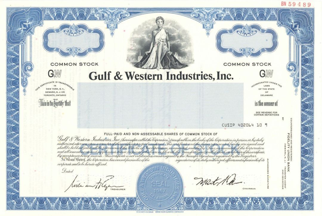 Gulf and Western Industries Inc. - Specimen Stock Certificate - Specimen Stocks 