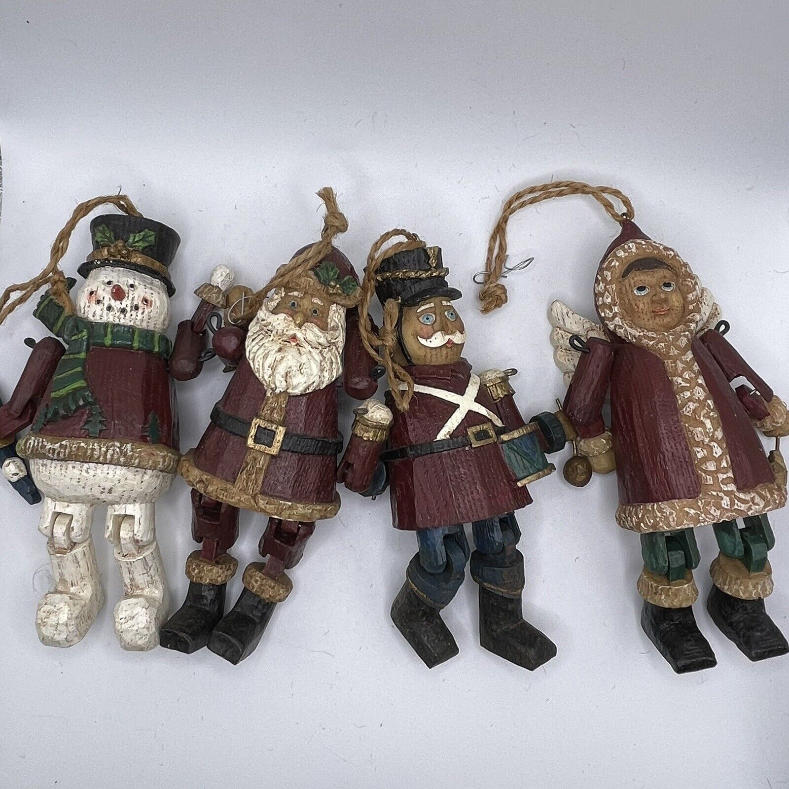 4 Rustic Christmas Ornaments Jointed Resin Snowman, Santa, Angel, Drummer 5.5”