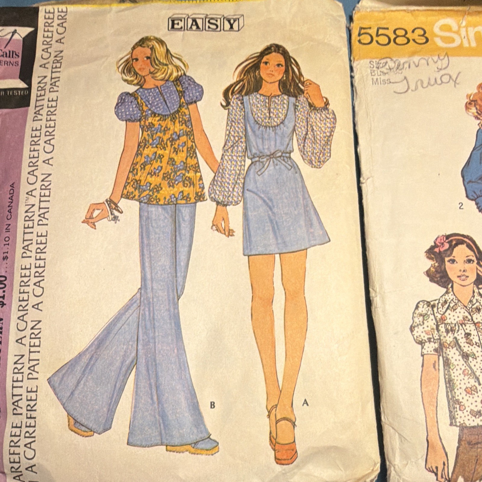 VTG Simplicity 5583, 7057 & McCalls 3683 Patterns Shirt, Dress, Jeans 1970s Cut VTG Simplicity 5583, 7057 & McCalls 3683 Patterns Shirt, Dress, Jeans 1970s Cut