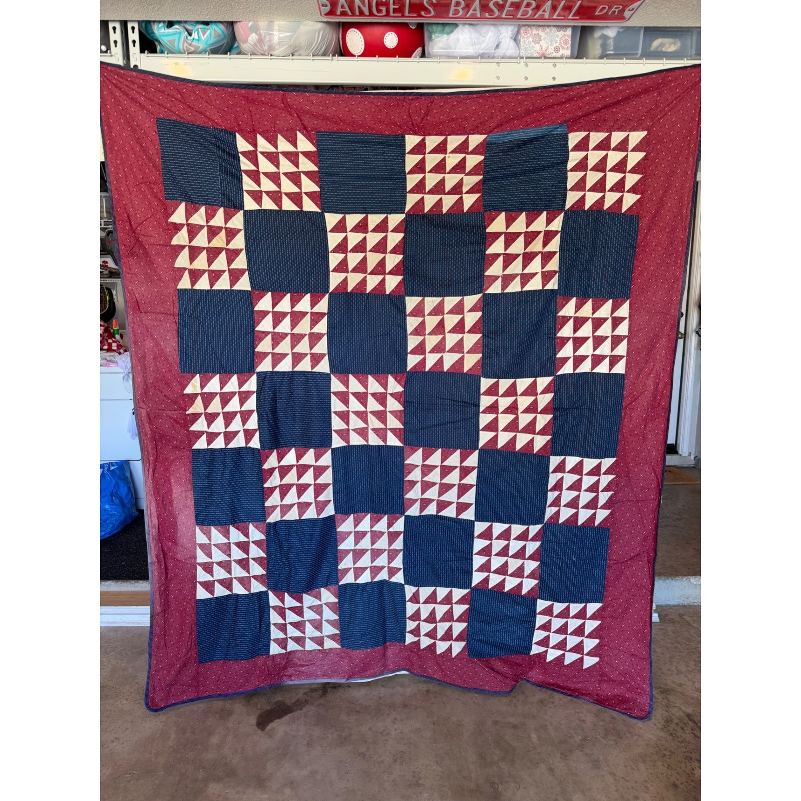 Antique Handmade Patchwork Quilt Red White Blue Americana Triangle Pattern 84x78 Antique Handmade Patchwork Quilt Red White Blue Americana Triangle Pattern 84x78