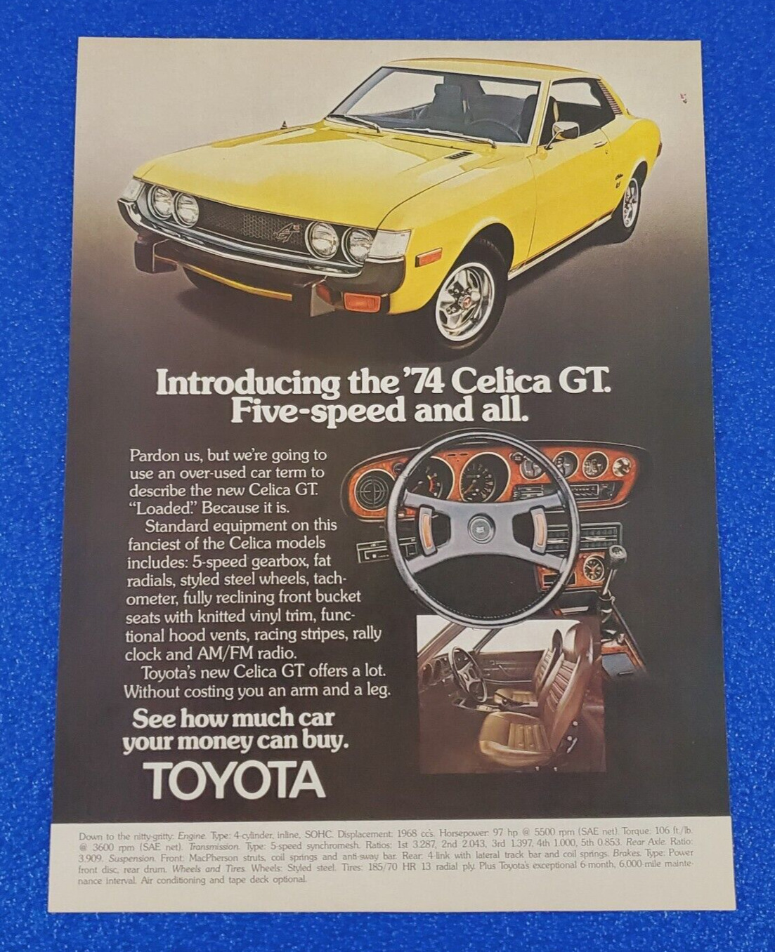1974 TOYOTA CELICA GT 5-SPEED SOHC ENGINE ORIGINAL COLOR PRINT AD (LOT YELLOW)