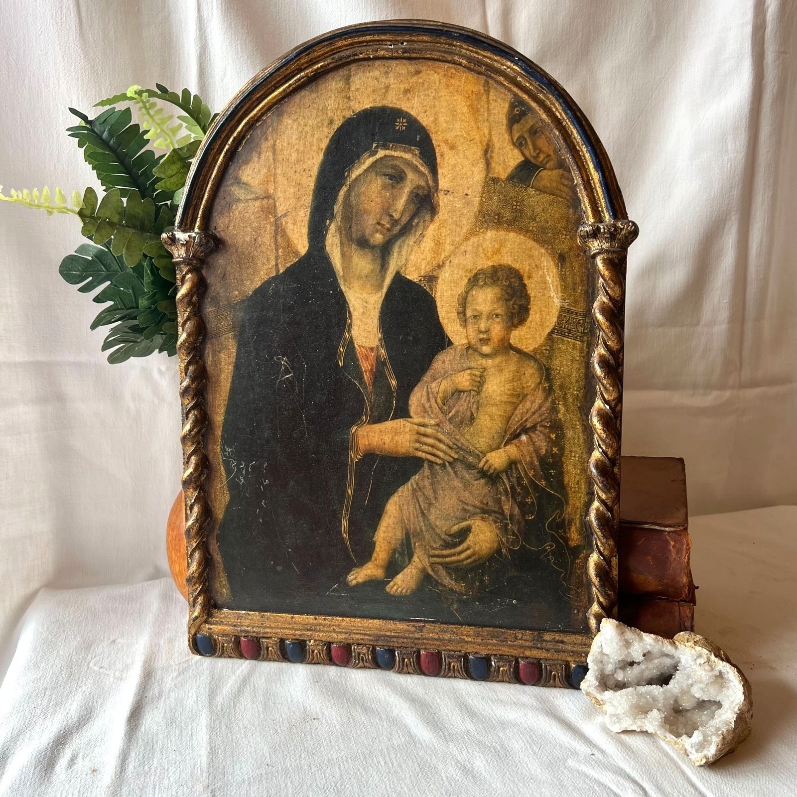 Antique Italian Florentine Barley Twist Framed Madonna & Child Religious Plaque Antique Italian Florentine Barley Twist Framed Madonna & Child Religious Plaque