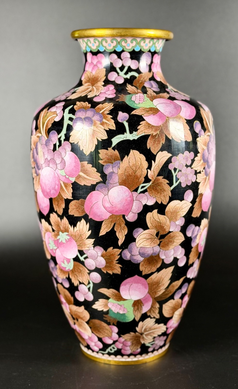 Magnificent Large Chinese Cloisonné "Hundred Fruit & Abundance" Centerpiece Vase