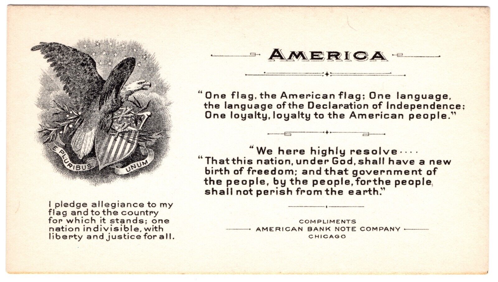 America - Advertising Business Card from American Bank Note Company, 1890-1920