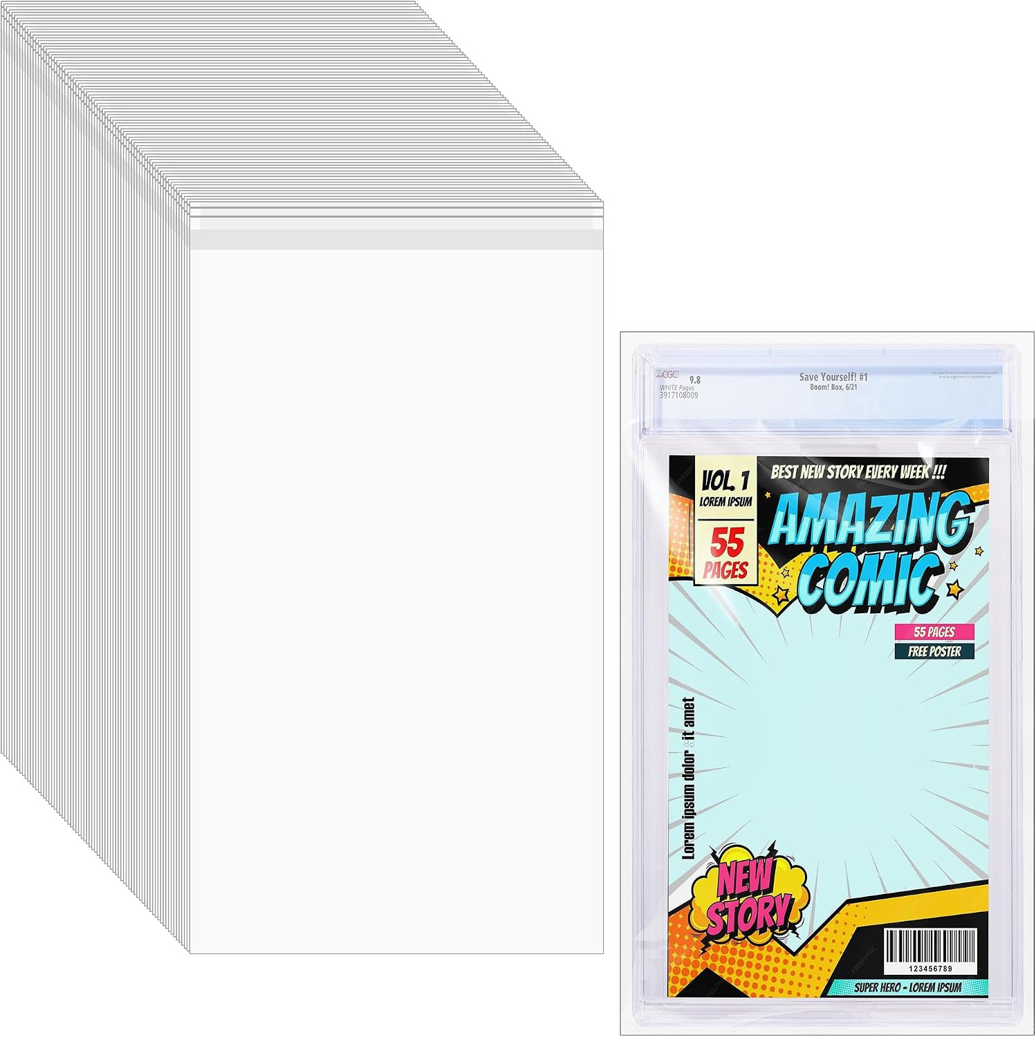 50 Pcs Resealable Graded Comic Book Bags,Clear Plastic Comic Sleeves for CGC and 50 Pcs Resealable Graded Comic Book Bags,Clear Plastic Comic Sleeves for CGC and