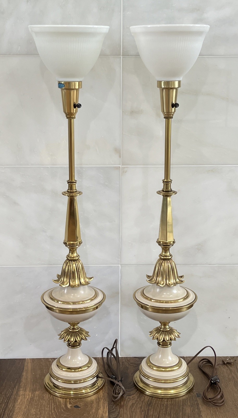 Pair Vintage Stiffel Torchiere Table Lamps Brass & Enamel Hollywood Regency MCM Pair Vintage Stiffel Torchiere Table Lamps Brass & Enamel Hollywood Regency MCM