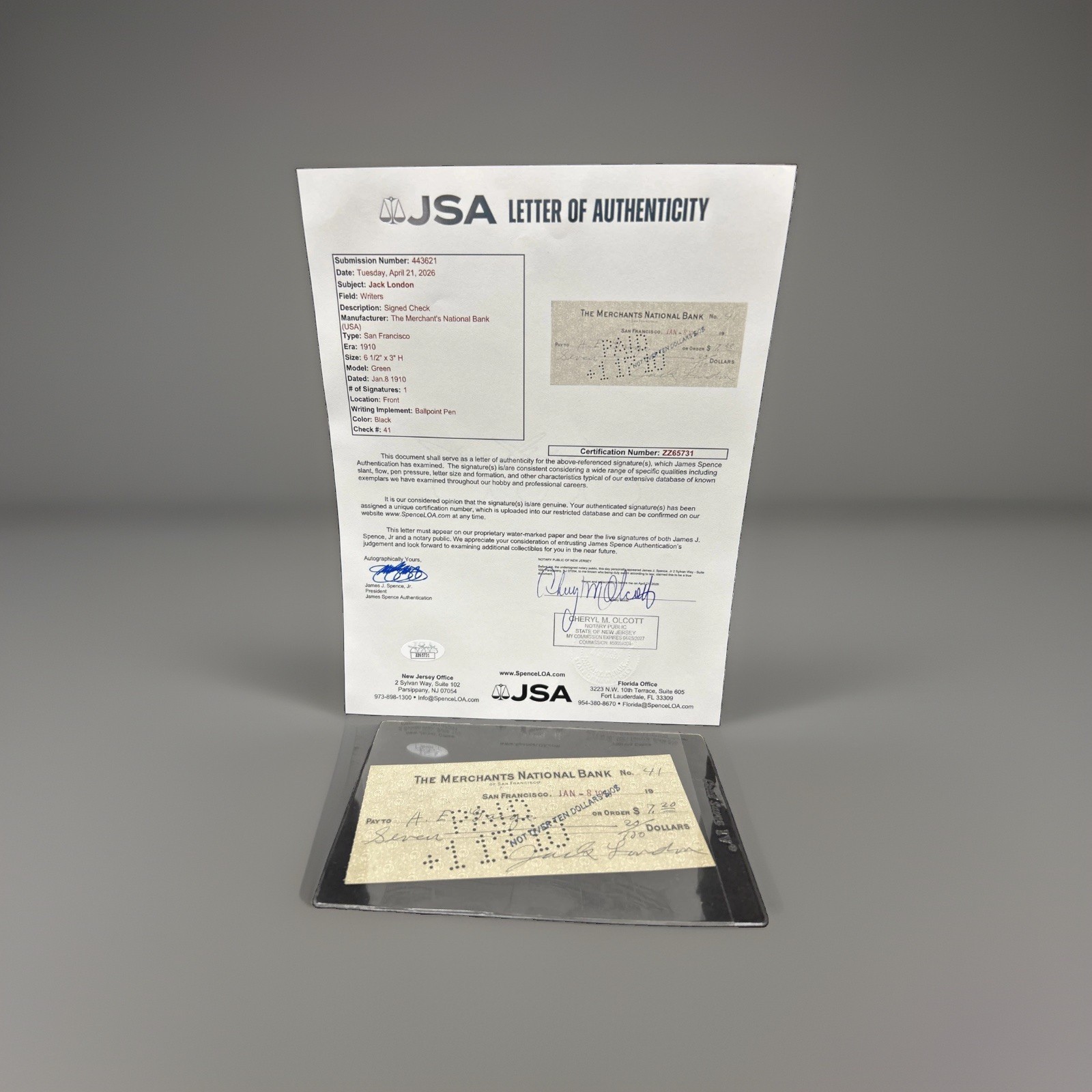 Jack London Signed Check 1910 JSA LOA Autograph Merchants National Bank Vintage Jack London Signed Check 1910 JSA LOA Autograph Merchants National Bank Vintage