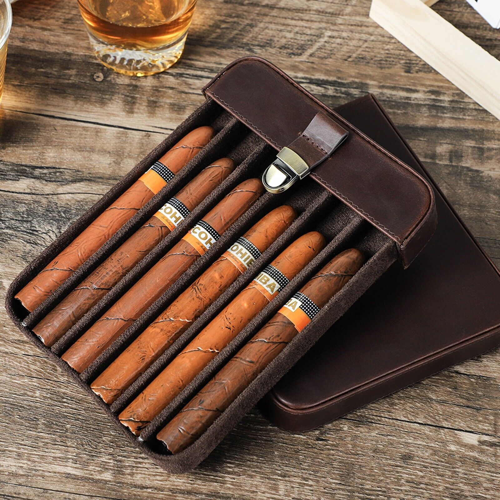 Genuine Leather Humidor Box 6 Slots Cigar Storage Case Box Cigar Holder 2024