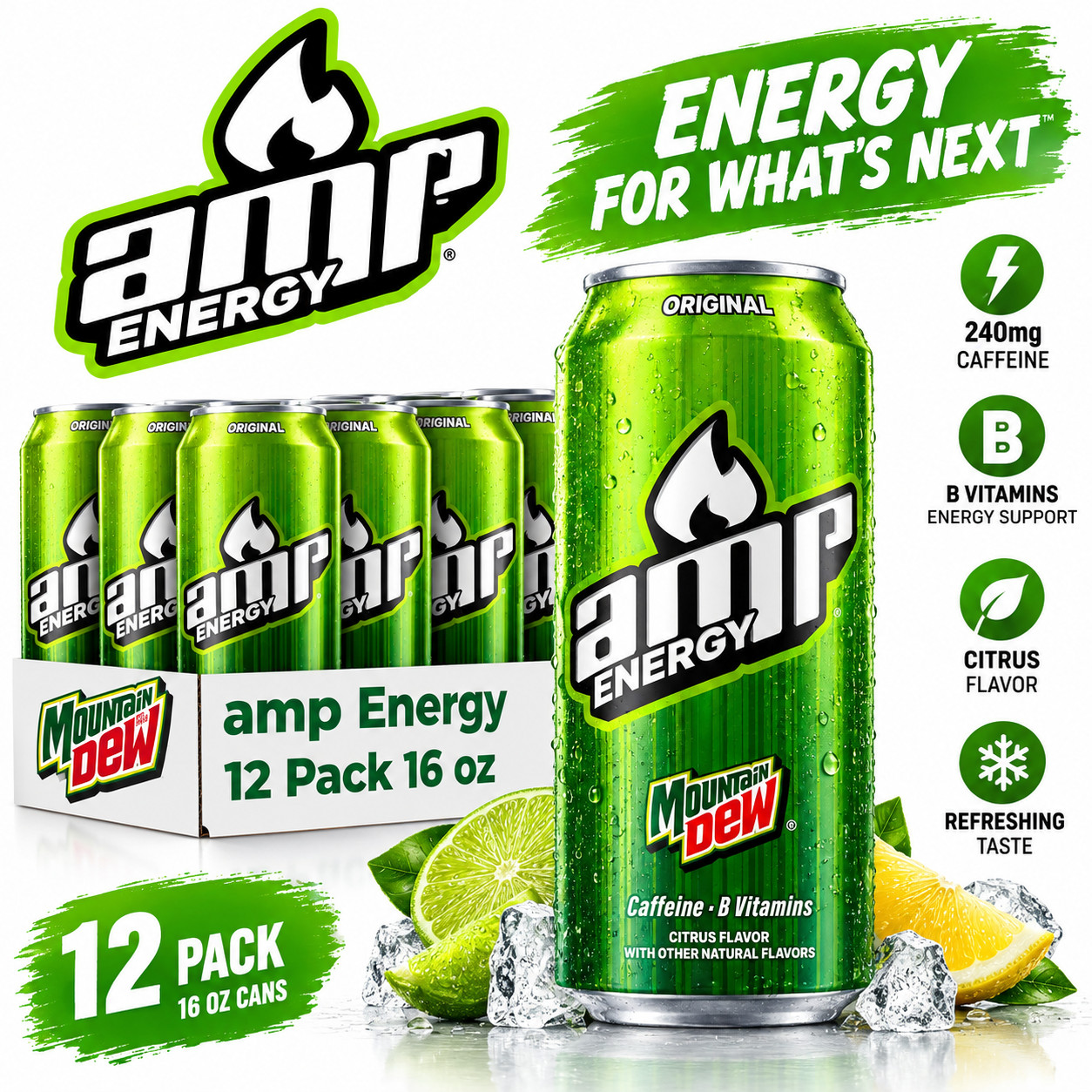 Mtn Dew AMP Energy, Original, Energy Drink Caffein, B Vitamins, 16 Oz Pack of 12 Mtn Dew AMP Energy, Original, Energy Drink Caffein, B Vitamins, 16 Oz Pack of 12