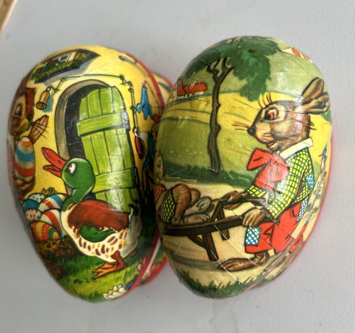 German Paper Mache Easter Egg Candy Containers 2 Nesting Vtg  Rabbit Ducks Birds
