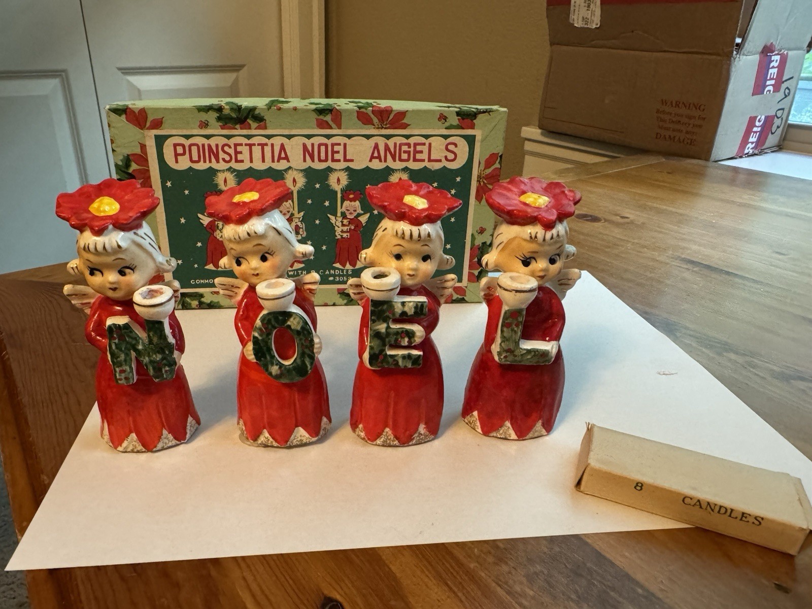 Vintage Commodore Ceramic Christmas NOEL poinsettia Angel Candle Holders,box,can Vintage Commodore Ceramic Christmas NOEL poinsettia Angel Candle Holders,box,can