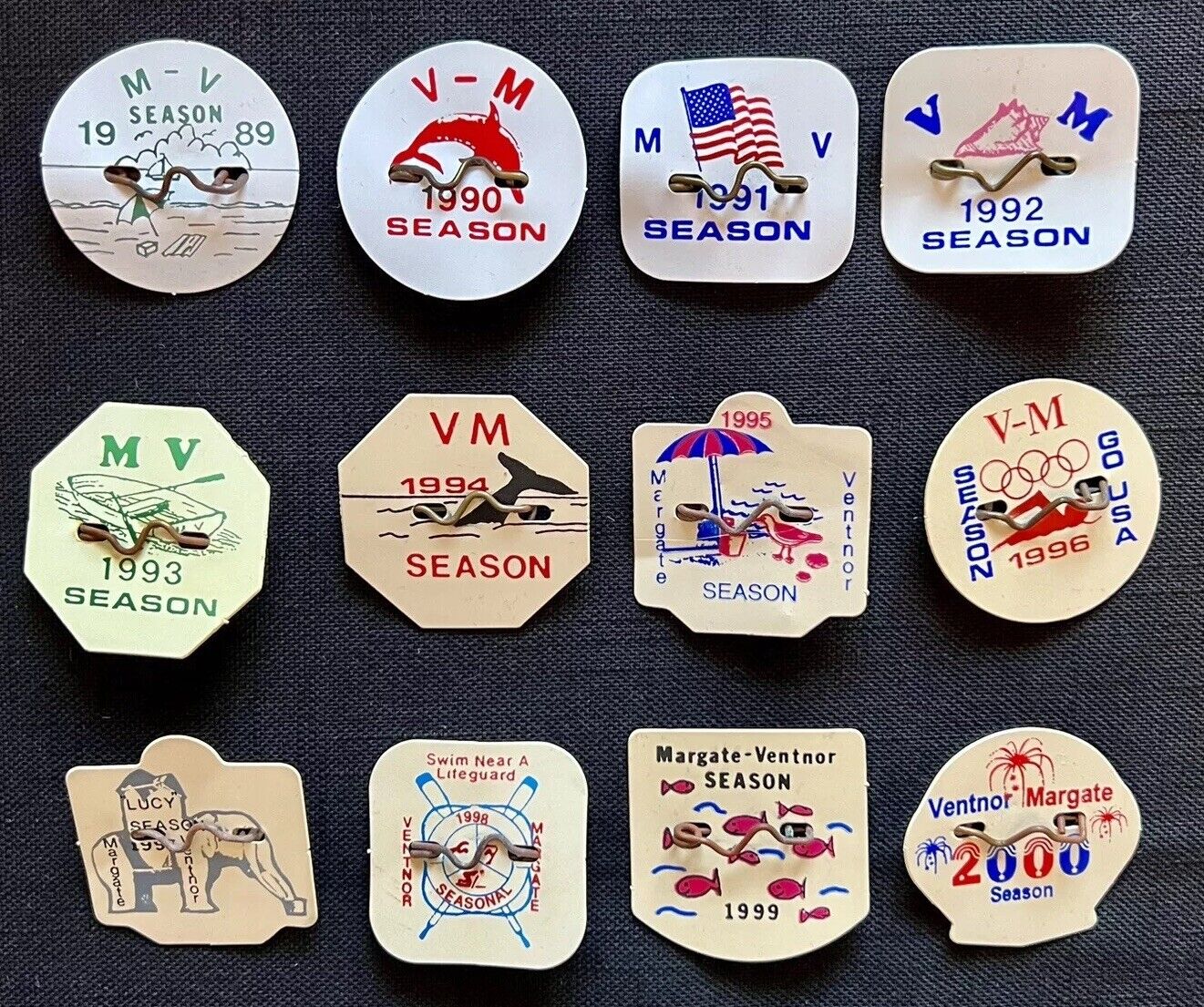1989-2000 Margate, NJ & Ventnor, NJ  Vintage Summer Beach Badges Collevtion