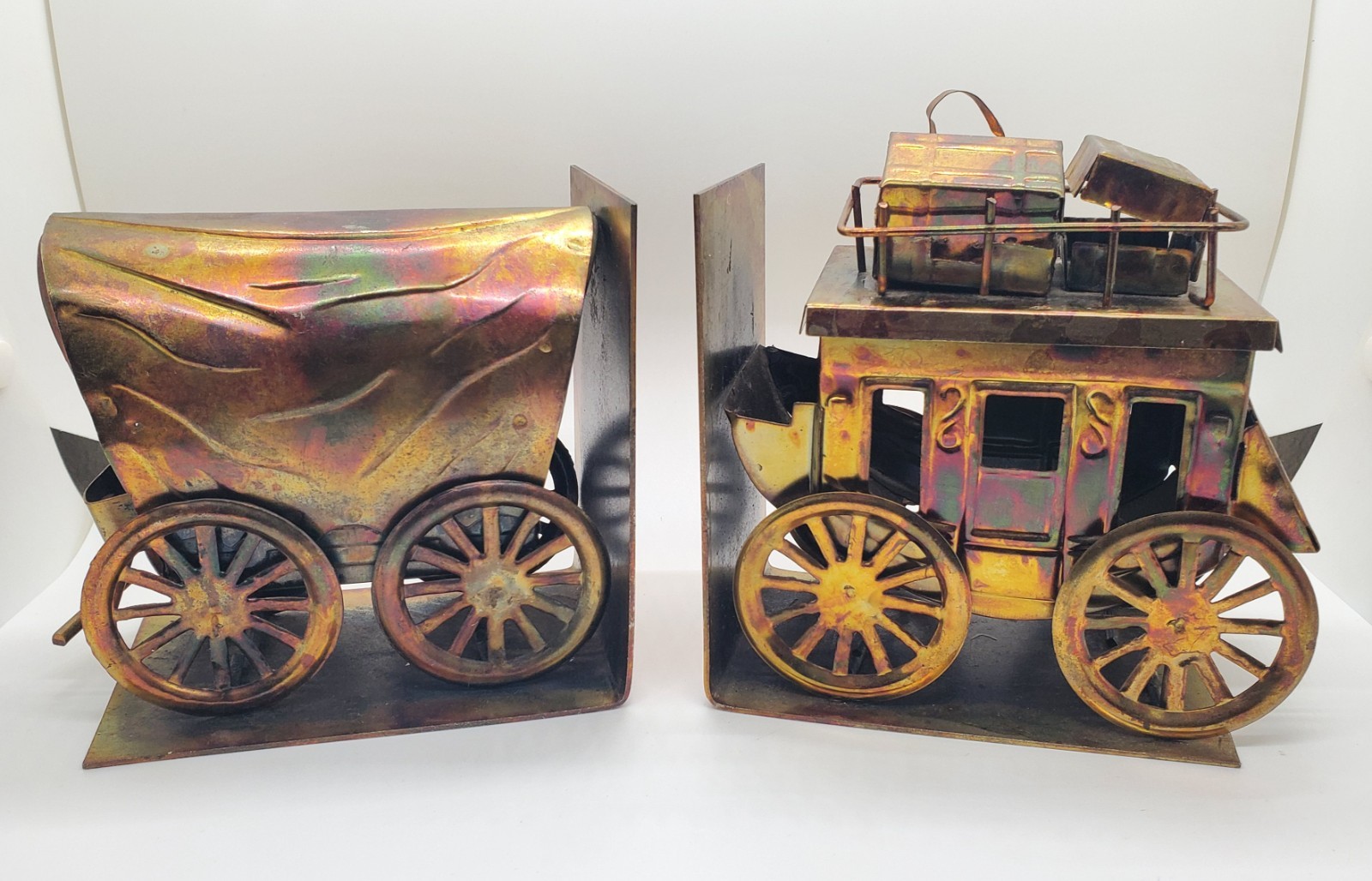 Vintage mcm metal western stagecoach and covered wagon bookends Vintage mcm metal western stagecoach and covered wagon bookends