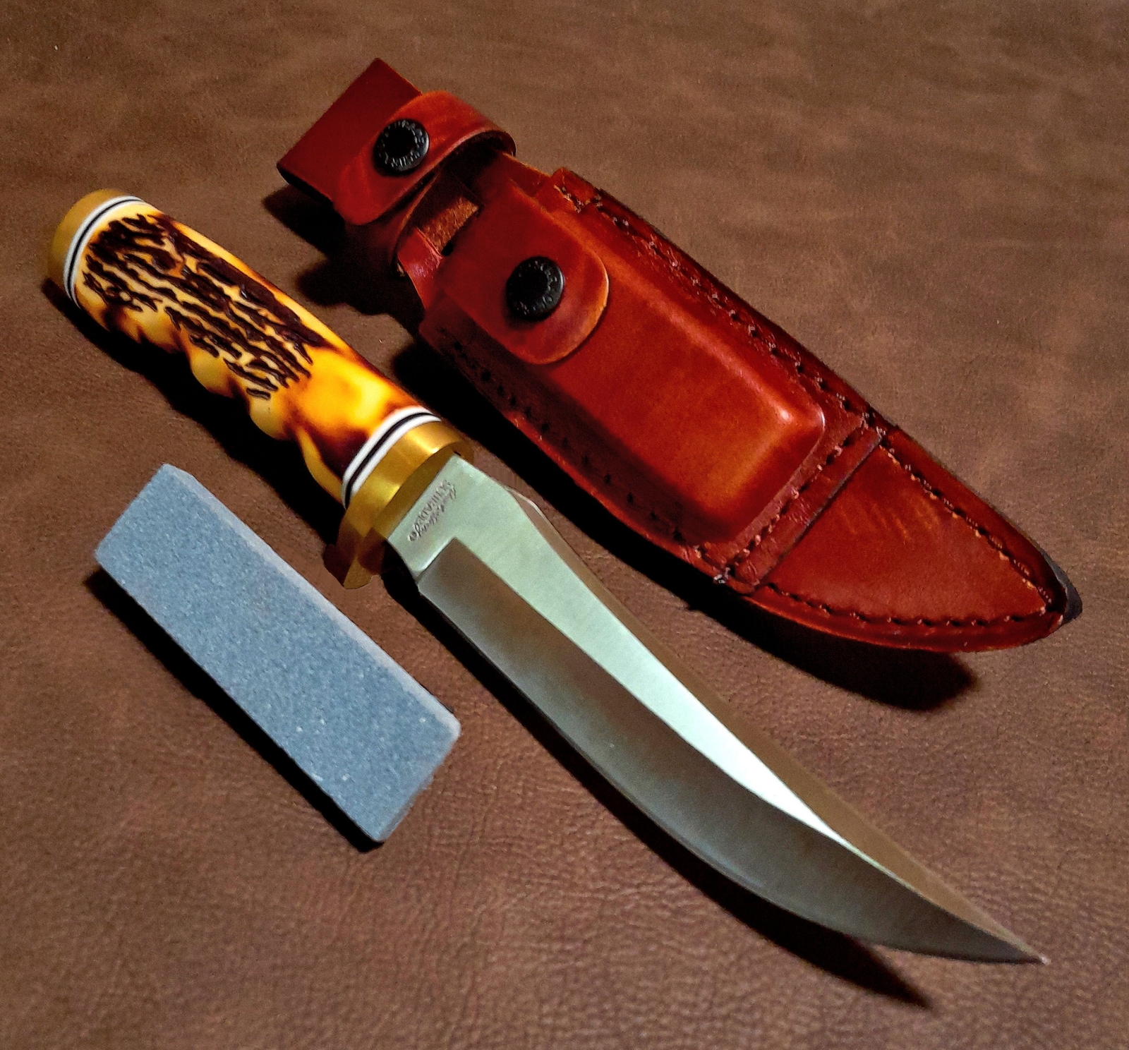 9 1/2" Schrade Uncle Henry Golden Spike Knife w/Sheath, Stone & Staglon Handle 9 1/2" Schrade Uncle Henry Golden Spike Knife w/Sheath, Stone & Staglon Handle
