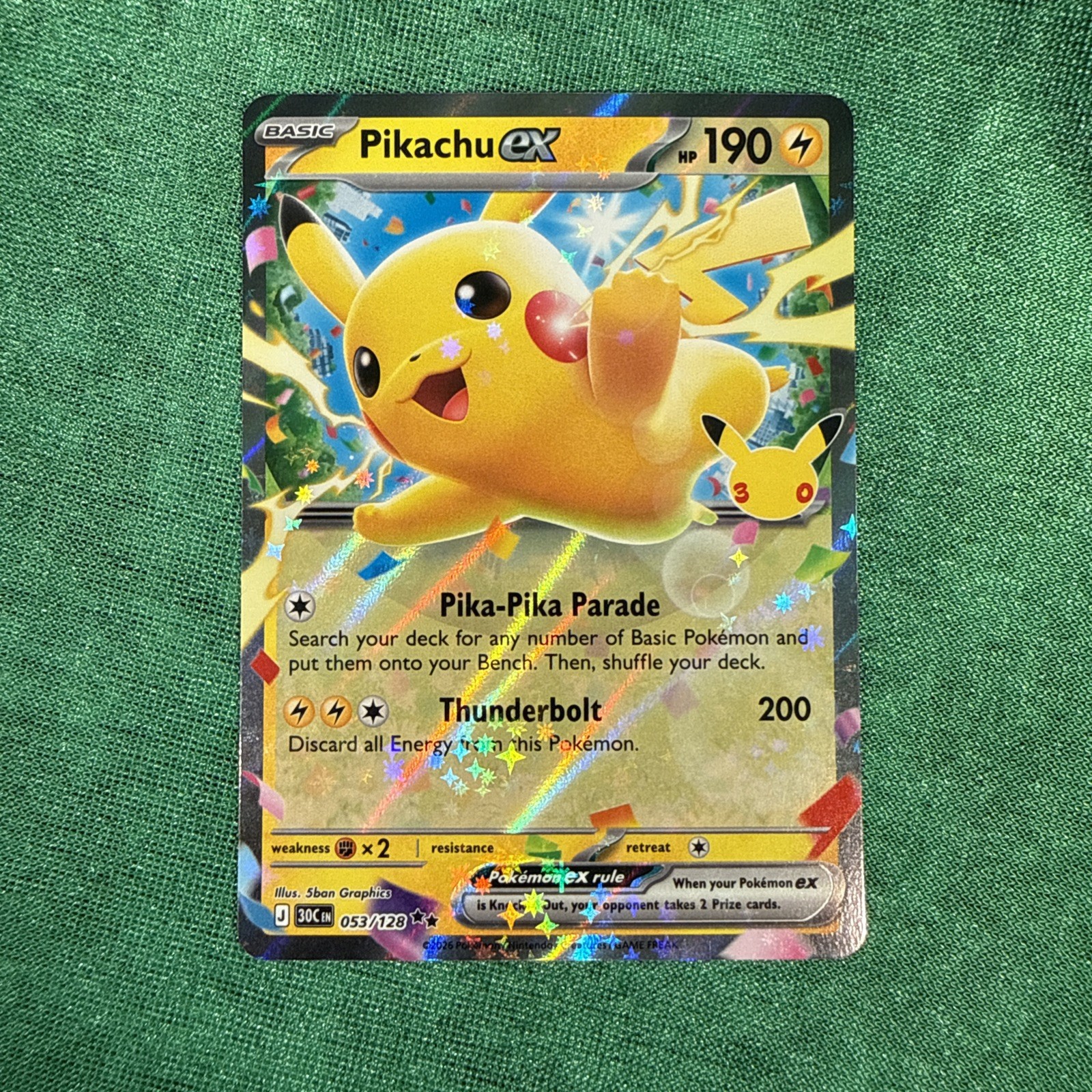 Pikachu EX Full Art Holo Ultra Rare English 190HP 30th Anniversary 53/128 Pikachu EX Full Art Holo Ultra Rare English 190HP 30th Anniversary 53/128