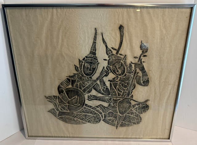 VINTAGE FRAMED THAI TEMPLE RUBBING 2 MUSICIANS ON MULBERRY OR RICE PAPER 23 X 20 VINTAGE FRAMED THAI TEMPLE RUBBING 2 MUSICIANS ON MULBERRY OR RICE PAPER 23 X 20