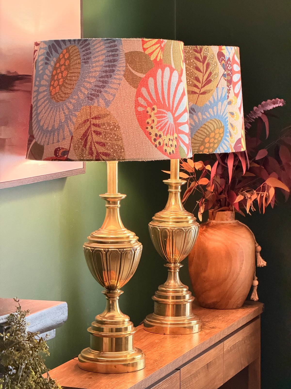 Pair Vintage Stiffel Brass Urn Table Lamps 31" Hollywood Regency 3-Way