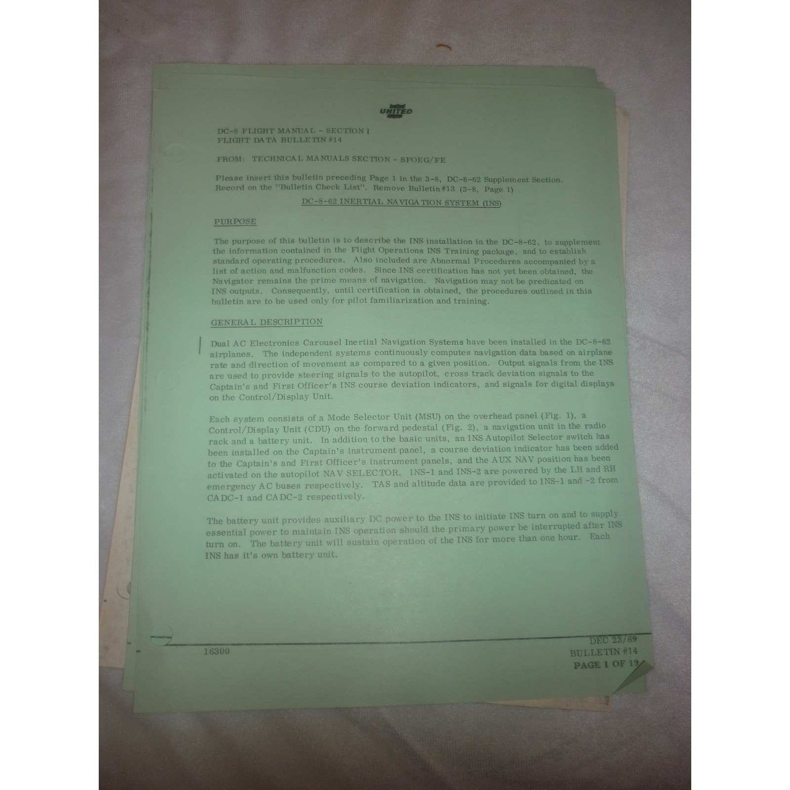 Vintage 1969 United Air Lines DC-8 INS Flight Manual Bulletin 14 Green Paper Lot