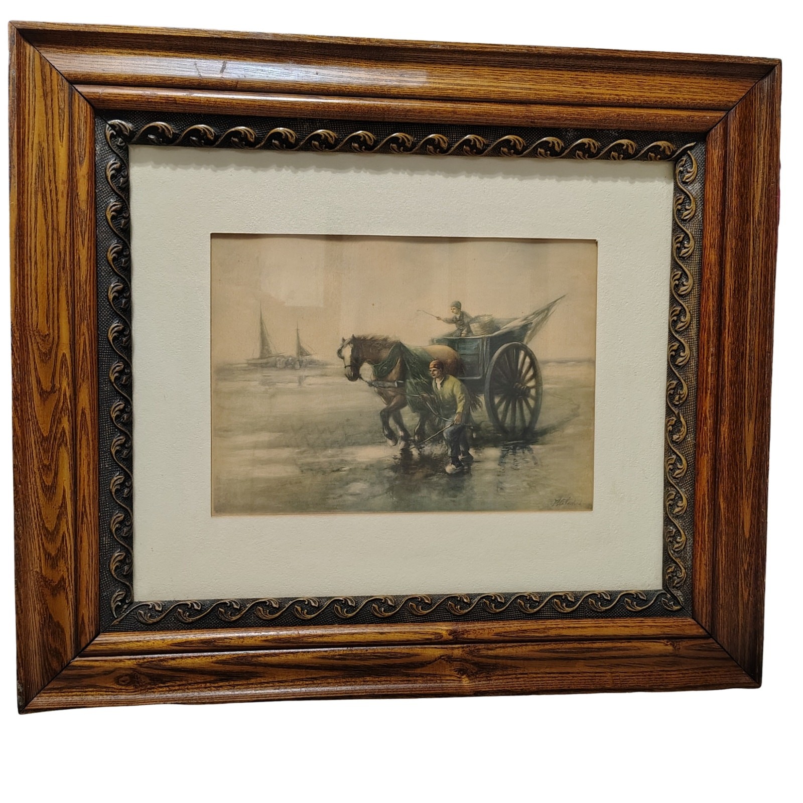 Vintage Sepia Horse Carriage Art Rustic Farmhouse Tattered Elegance Wood Frame