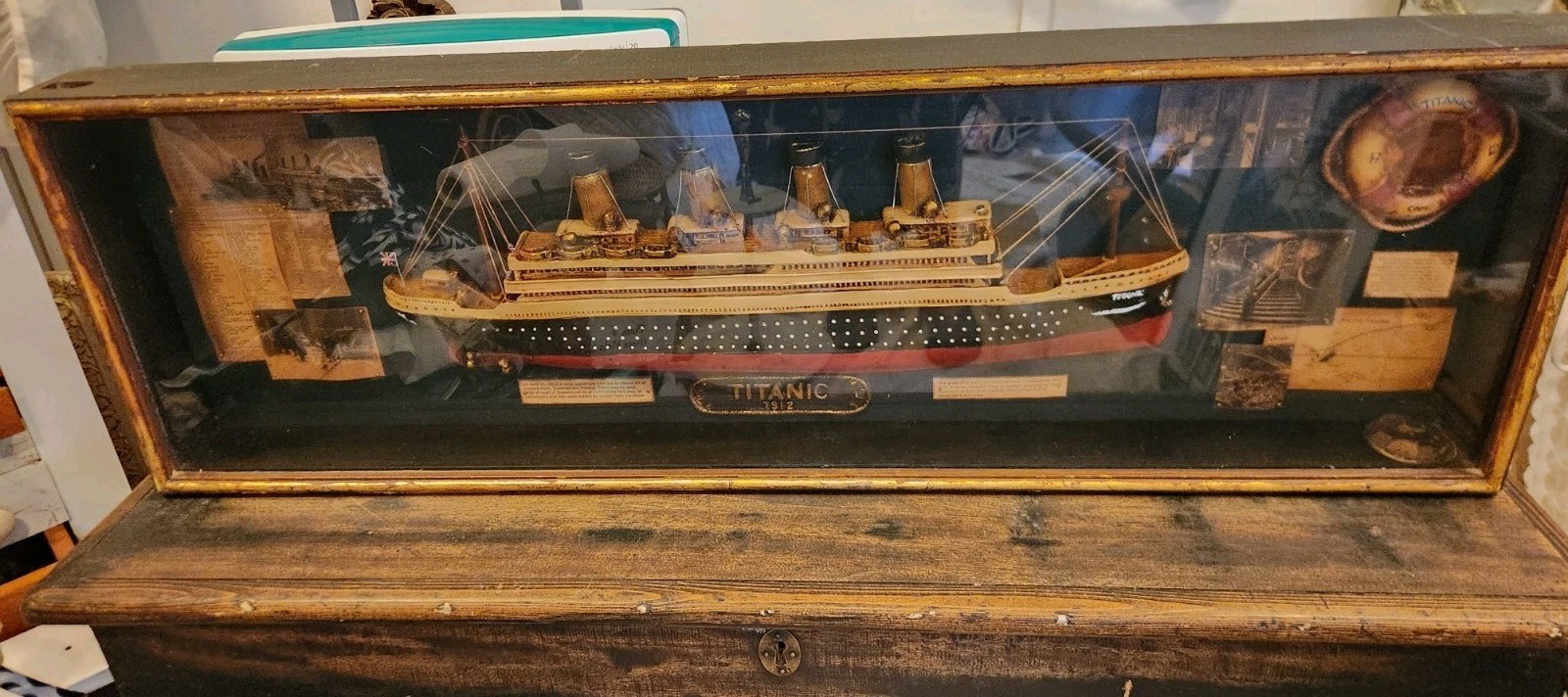 Vintage  Titanic Model Ship Diorama  Framed W Glass Shadow Box Large 41" X 14"